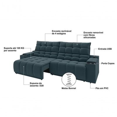 Sofá Connect Premium 2,30m Assento Retrátil-reclinável Com Porta Copos E Entrada Usb Suede Petróleo