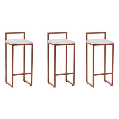 Kit 3 Banquetas Bistrô Alta Industriais Em Aço Dori Cobre Assento Suede Branco Marrom