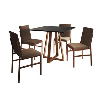Conjunto De Jantar Mesa Mônaco 90cm Tampo Preto Com 4 Cadeiras Marrom Base Cobre Preto