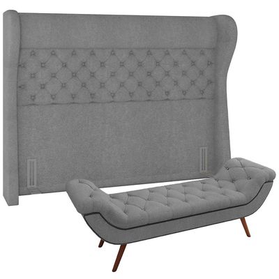 Kit Cabeceira Cama Box Casal 195 cm Madrid com Puff Recamier Santorini Bouclê Cinza - Lyam Decor