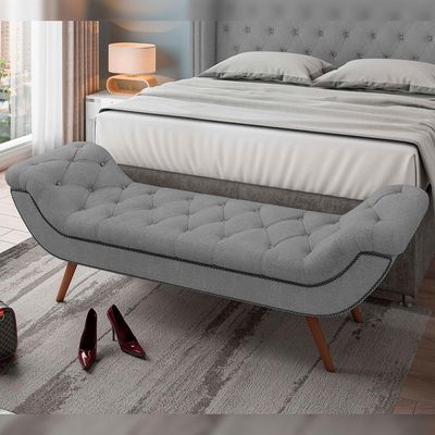 Kit Cabeceira Cama Box Casal 195 cm Madrid com Puff Recamier Santorini Bouclê Cinza - Lyam Decor