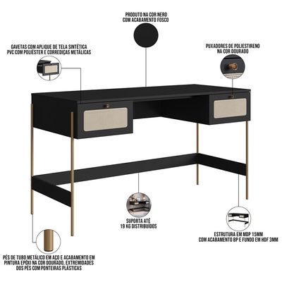 Estante Livreiro Home Office e Mesa Escrivaninha Industrial Indy A03 Nero Dourado - Lyam Decor