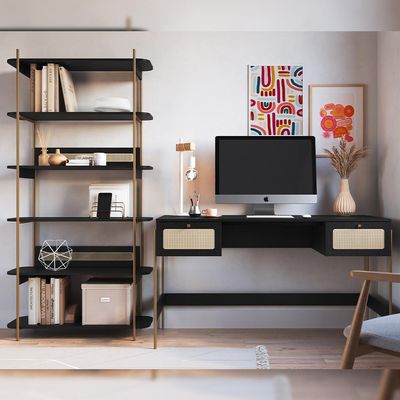 Estante Livreiro Home Office e Mesa Escrivaninha Industrial Indy A03 Nero Dourado - Lyam Decor