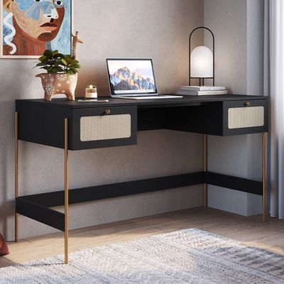 Mesa Escrivaninha Home Office 2 Gavetas Industrial Indy A03 Nero Dourado - Lyam Decor