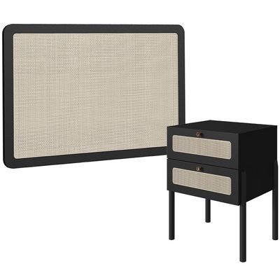 Cabeceira Solteiro 90cm e 1 Mesa Lateral 2 Gavetas Madeira Moss A03 Nero Preto- Lyam Decor