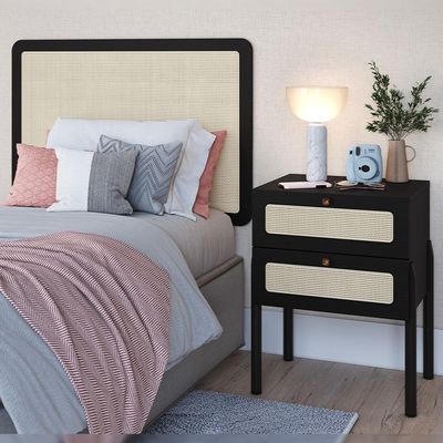 Cabeceira Solteiro 90cm e 1 Mesa Lateral 2 Gavetas Madeira Moss A03 Nero Preto- Lyam Decor