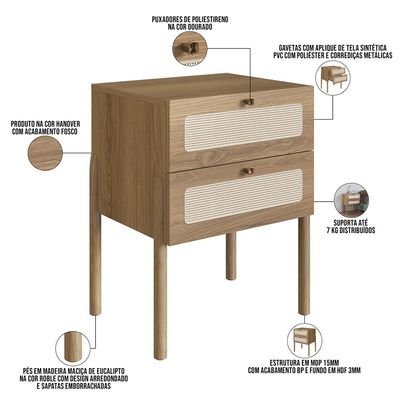 Cabeceira Solteiro 90cm e 1 Mesa Lateral 2 Gavetas Madeira Moss A03 Hanover Roble - Lyam Decor
