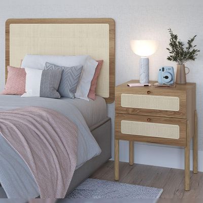Cabeceira Solteiro 90cm e 1 Mesa Lateral 2 Gavetas Madeira Moss A03 Hanover Roble - Lyam Decor
