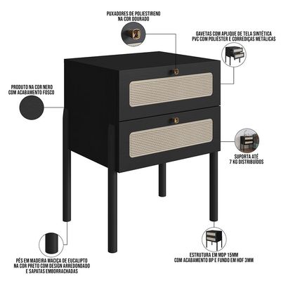 Cabeceira Casal Queen 160cm e 2 Mesas Laterais 2 Gavetas Madeira Moss A03 Nero Preto- Lyam Decor