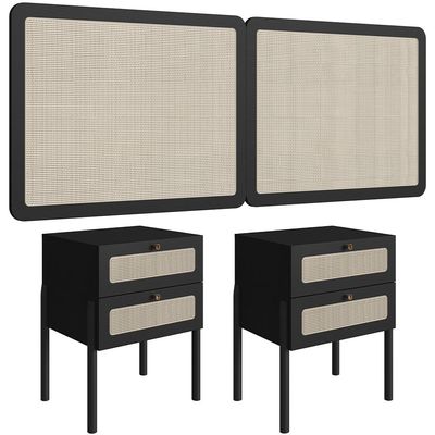 Cabeceira Casal Queen 160cm e 2 Mesas Laterais 2 Gavetas Madeira Moss A03 Nero Preto- Lyam Decor
