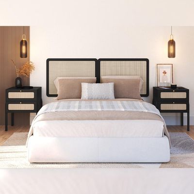 Cabeceira Casal Queen 160cm e 2 Mesas Laterais 2 Gavetas Madeira Moss A03 Nero Preto- Lyam Decor