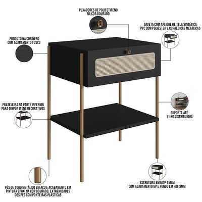 Cabeceira Casal Queen 160cm e 2 Mesas Laterais 1 Gaveta Industrial Indy A03 Nero - Lyam Decor