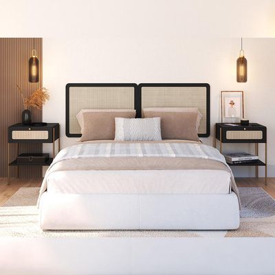Cabeceira Casal Queen 160cm e 2 Mesas Laterais 1 Gaveta Industrial Indy A03 Nero - Lyam Decor