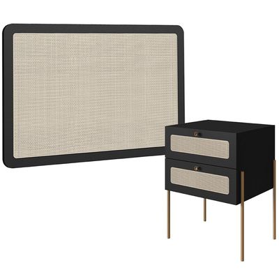 Cabeceira Solteiro 90cm e 1 Mesa Lateral 2 Gavetas Industrial Indy A03 Nero - Lyam Decor