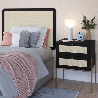 Cabeceira Solteiro 90cm e 1 Mesa Lateral 2 Gavetas Industrial Indy A03 Nero - Lyam Decor