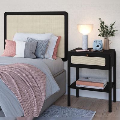 Cabeceira Solteiro 90cm e 1 Mesa Lateral 1 Gaveta Madeira Moss A03 Nero Preto- Lyam Decor