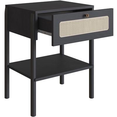 Cabeceira Solteiro 90cm e 1 Mesa Lateral 1 Gaveta Madeira Moss A03 Nero Preto- Lyam Decor