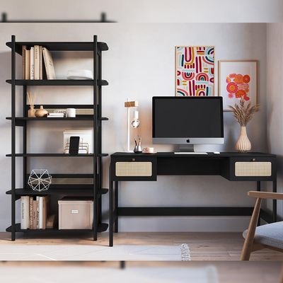 Estante Livreiro Home Office e Mesa Escrivaninha Pés Madeira Moss A03 Nero Preto - Lyam Decor