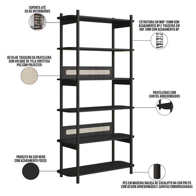Estante Livreiro Home Office e Mesa Escrivaninha Pés Madeira Moss A03 Nero Preto - Lyam Decor