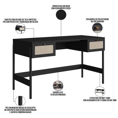 Estante Livreiro Home Office e Mesa Escrivaninha Pés Madeira Moss A03 Nero Preto - Lyam Decor