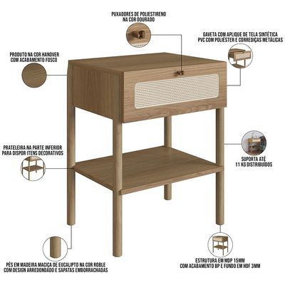 Cabeceira Solteiro 90cm e 1 Mesa Lateral 1 Gaveta Madeira Moss A03 Hanover Roble - Lyam Decor