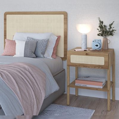 Cabeceira Solteiro 90cm e 1 Mesa Lateral 1 Gaveta Madeira Moss A03 Hanover Roble - Lyam Decor