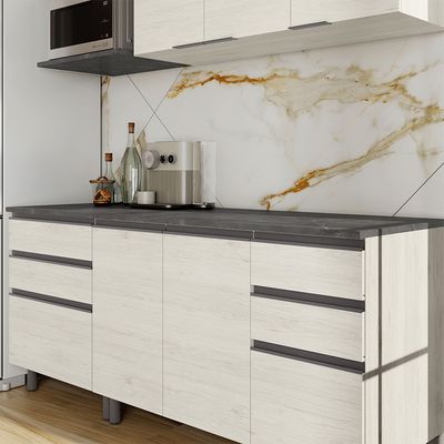 Cozinha Bartira Cristal com 7 Portas, 6 Gavetas, 4 Prateleiras e Nicho para Micro-ondas - 260cm de largura Freixo