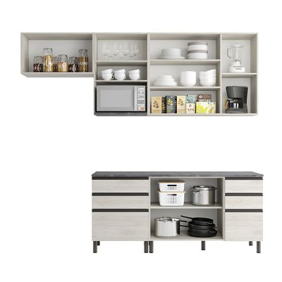 Cozinha Bartira Cristal com 7 Portas, 6 Gavetas, 4 Prateleiras e Nicho para Micro-ondas - 260cm de largura Freixo