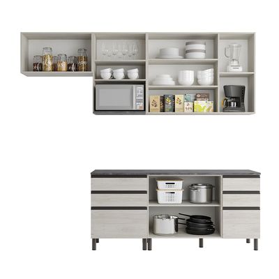 Cozinha Bartira Cristal com 7 Portas, 6 Gavetas, 4 Prateleiras e Nicho para Micro-ondas - 260cm de largura Freixo/Azul