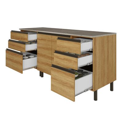 Cozinha Bartira Cristal com 7 Portas, 6 Gavetas, 4 Prateleiras e Nicho para Micro-ondas - 260cm de largura Lâmina Mel