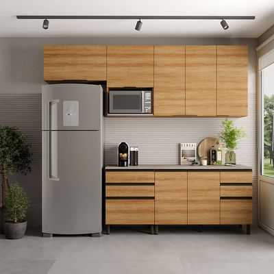 Cozinha Bartira Cristal com 7 Portas, 6 Gavetas, 4 Prateleiras e Nicho para Micro-ondas - 260cm de largura Lâmina Mel