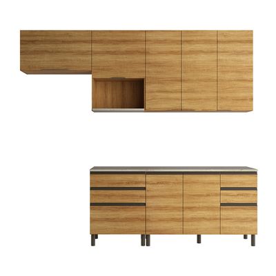 Cozinha Bartira Cristal com 7 Portas, 6 Gavetas, 4 Prateleiras e Nicho para Micro-ondas - 260cm de largura Lâmina Mel