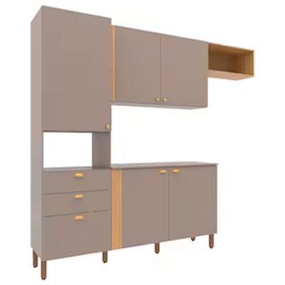 Cozinha Compacta Bartira Pérola com 5 Portas 2 Gavetas 1 Gavetão e 4 Prateleiras - 251cm de Largura Nude/Lâmina Mel