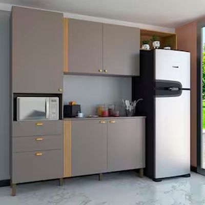 Cozinha Compacta Bartira Pérola com 5 Portas 2 Gavetas 1 Gavetão e 4 Prateleiras - 251cm de Largura Nude/Lâmina Mel