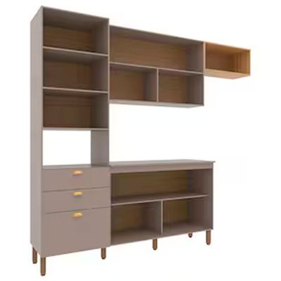 Cozinha Compacta Bartira Pérola com 5 Portas 2 Gavetas 1 Gavetão e 4 Prateleiras - 251cm de Largura Nude/Lâmina Mel