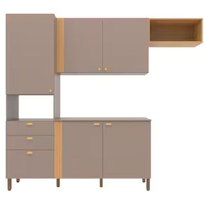Cozinha Compacta Bartira Pérola com 5 Portas 2 Gavetas 1 Gavetão e 4 Prateleiras - 251cm de Largura Nude/Lâmina Mel