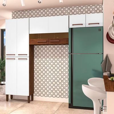 Cozinha Compacta Nala 8 Portas e 4 Prateleiras Kit`s Paraná Nogueira/Off White/Ripado