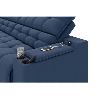 Sofá Connect Premium 2,30m Assento Retrátil-reclinável Com Porta Copos E Entrada Usb Suede Azul