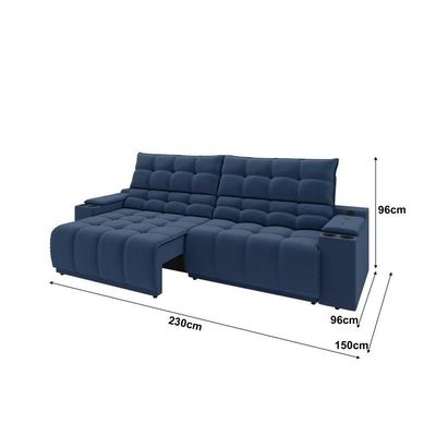 Sofá Connect Premium 2,30m Assento Retrátil-reclinável Com Porta Copos E Entrada Usb Suede Azul