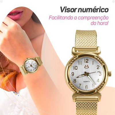 Relogio Feminino Silicone Dourado Banhado Inox Aço + Caixa Moda Presente Personalize Social Casual
