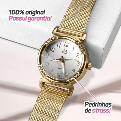 Relogio Feminino Silicone Dourado Banhado Inox Aço + Caixa Moda Presente Personalize Social Casual