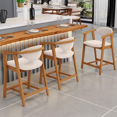 Kit 02 Banquetas Baixa Cozinha Sala de Jantar Bancada Cecília L02 Suede Bege - Lyam Decor