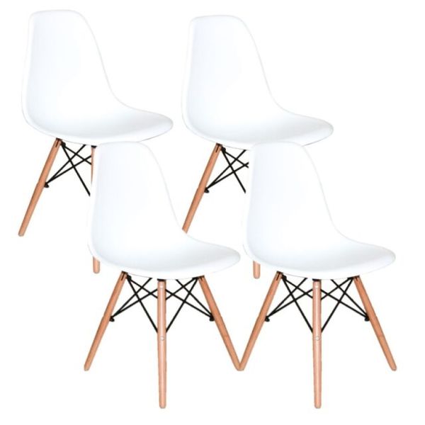 Kit com 4 Cadeira Charles Eames Wood DSW Branca -  Base Madeira