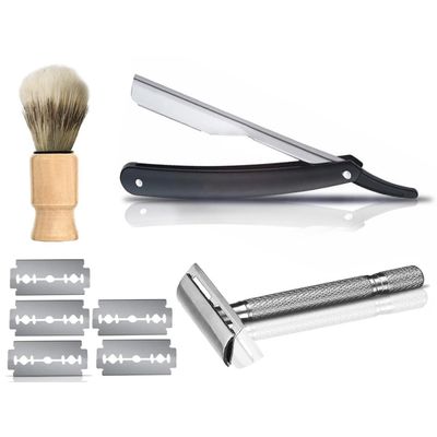 Kit Barbeador Profissional Navalha Pincel Barba + Lâminas