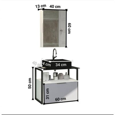 Conjunto Gabinete Urbe 60cm Branco Cinza Tampo Preto Cuba Preto