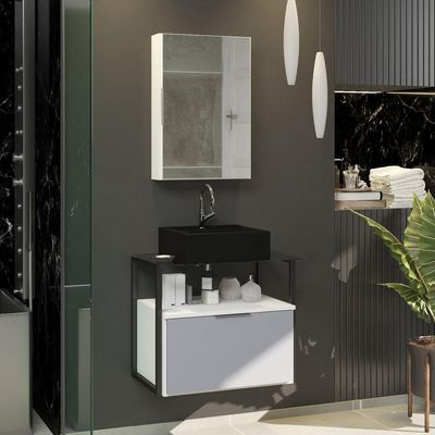 Conjunto Gabinete Urbe 60cm Branco Cinza Tampo Preto Cuba Preto