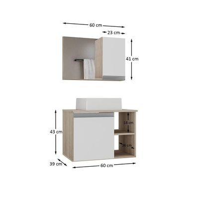 Conjunto Gabinete Banheiro Virtus 60cm - Gabinete + Cuba + Espelheira Madeirado Branco