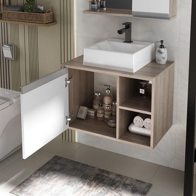 Conjunto Gabinete Banheiro Virtus 60cm - Gabinete + Cuba + Espelheira Madeirado Branco