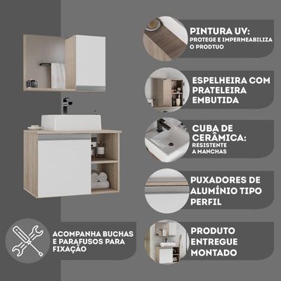 Conjunto Gabinete Banheiro Virtus 60cm - Gabinete + Cuba + Espelheira Madeirado Branco