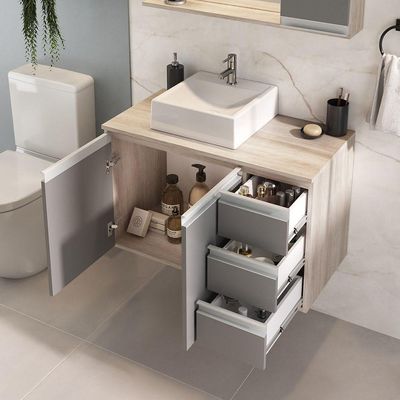 Conjunto Gabinete Banheiro Prisma 80cm Gabinete + Cuba + Espelheira Madeirado Cinza